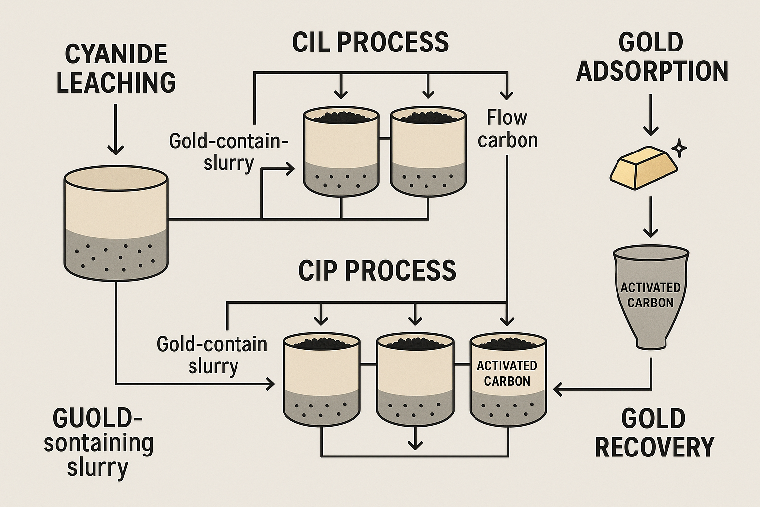 Diagram of the Carbon-in-Pulp (CIP) and Carbon-in-Leach (CIL) processes showing the flow of gold recovery through cyanide leaching and adsorption.